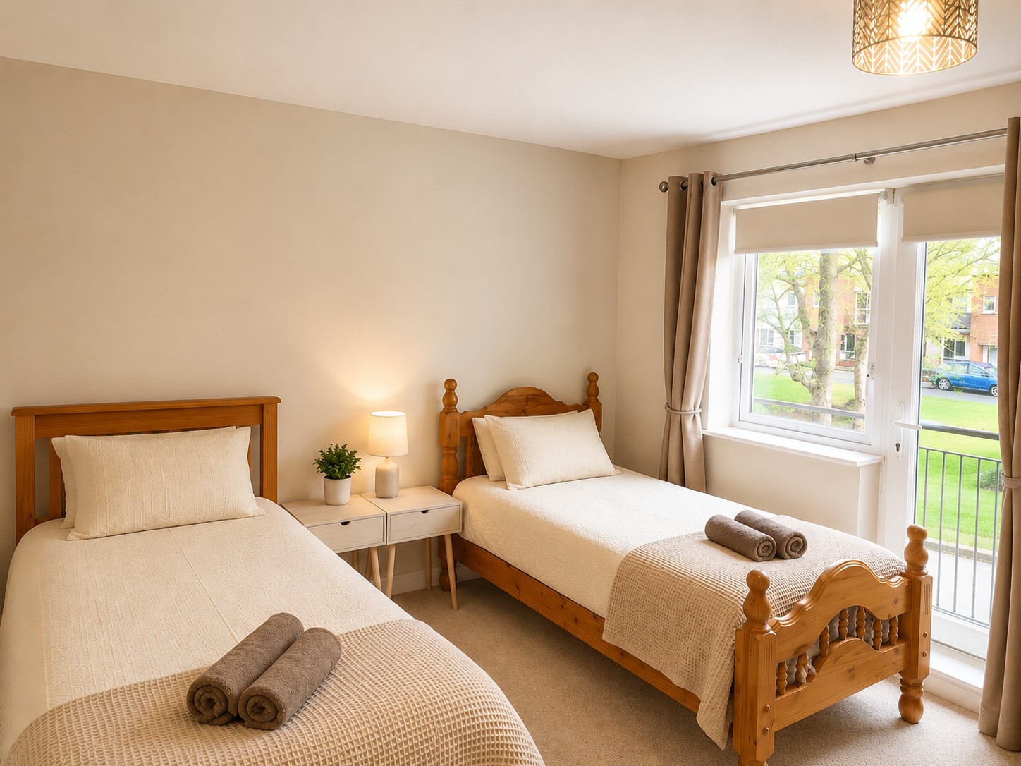 Twin bedroom with warm neutral tones